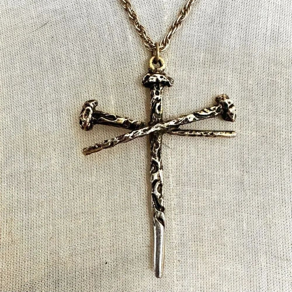 Gold tone Nail Cross pendant Necklace